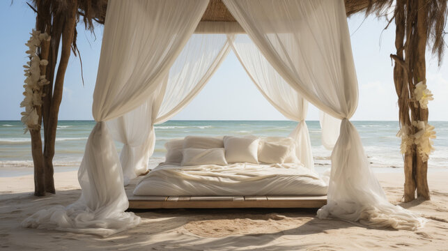 A white bed frame under the canopy on the beach