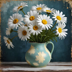Bouquet of daisies in a vase on a wooden table