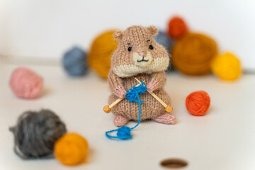 Knitted hamster toy with yarn and knitting accessories - 743657469