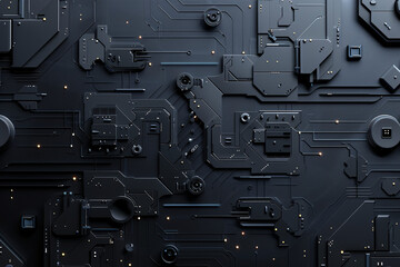 Fototapeta premium Complex black tech pattern with geometric shapes and yellow elements