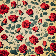  pattern with red roses on grunge yellow background.