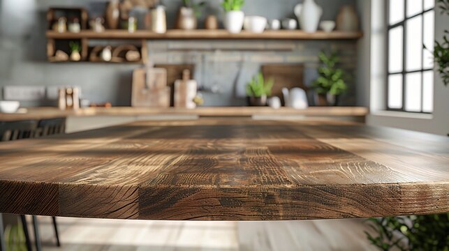 Wood table top on blurred kitchen back