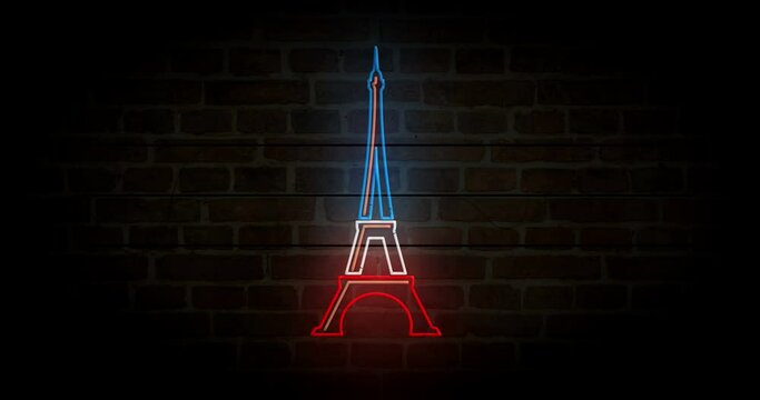 Eiffel tower neon symbol on brick wall. Paris France icon light color bulbs. Loopable and seamless abstract concept animation.
