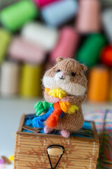 Knitted hamster toy with yarn and knitting accessories - 743658040