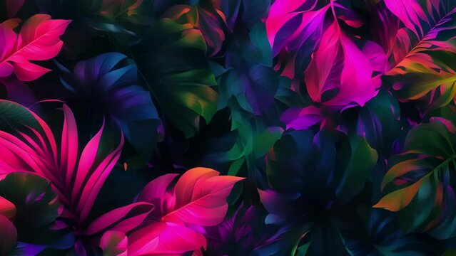 Swirling patterns of vivid pinks blues and greens dance across a background of tropical foliage evoking a sense of endless summer and island adventures.