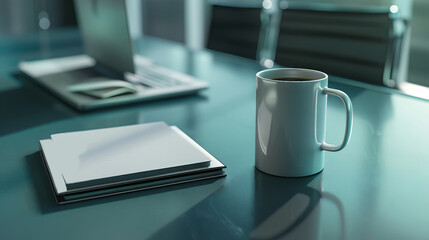 Organized workspace with a laptop, a coffee mug, and a stack of papers on a desk, all under soft lighting.