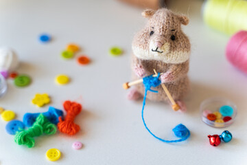 Knitted hamster toy with yarn and knitting accessories - 743658289