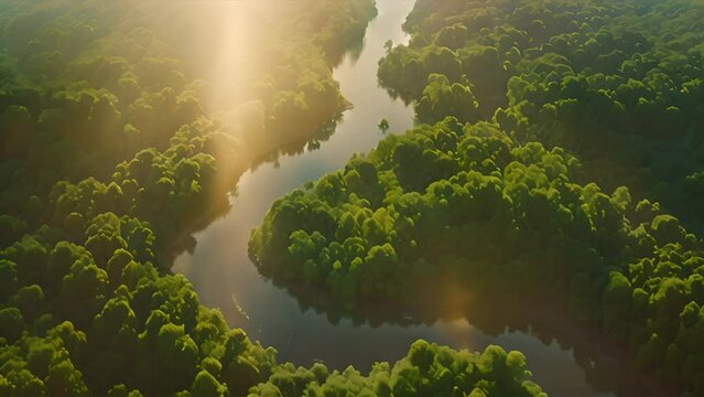 Aerial view of a serpentine river. Generative Ai.