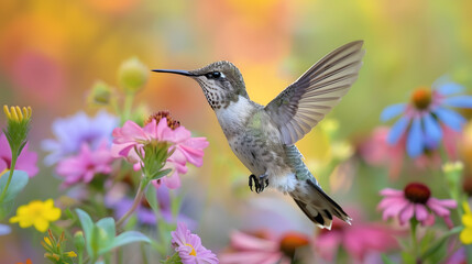 A tiny hummingbird, with colorful flowers as the background, during a sunny day
