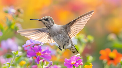 A tiny hummingbird, with colorful flowers as the background, during a sunny day