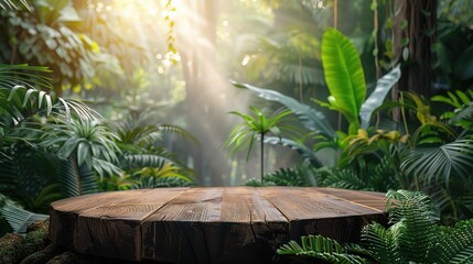 Wood tabletop podium floor in outdoors tropical garden forest blurred green leaf plant nature background