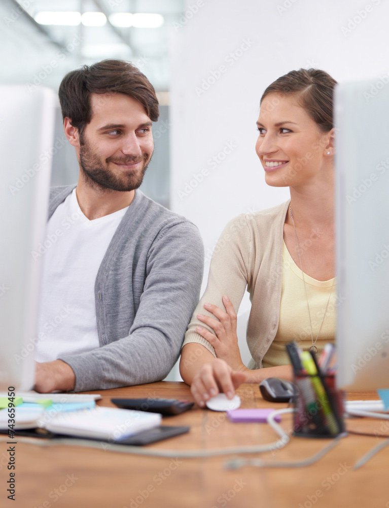 Poster coworking, smile and business people with computer consultant employees with website. happy, flirtin