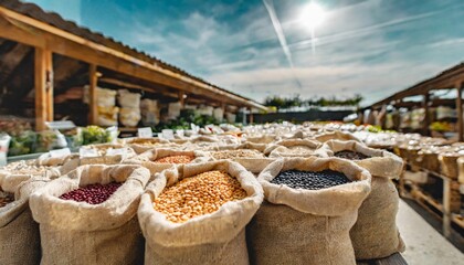 bulk bags of legumes in natural food store zero waste store