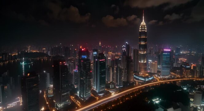 building city Illuminated urban skyline under moonlit night skies