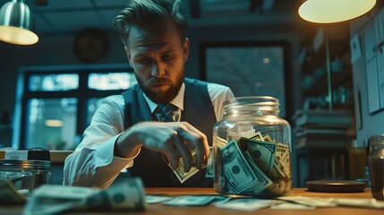 Fototapeta na wymiar Focused businessman counting money at desk in dark office. financial concept with a stylish man. saving and investment theme. cinematic lighting. AI