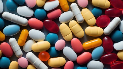 Fill the view of different coloured pills and capsules. Medical care concept. Generative AI