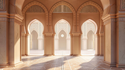 Fototapeta na wymiar islamic arched room with sun lights. ramadan kareem banner background. ramadan kareem holiday celebration concept