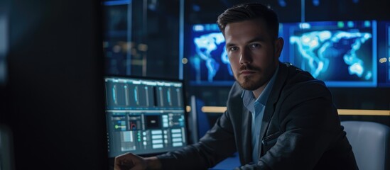 Caucasian man monitors digital protection system in dark office.