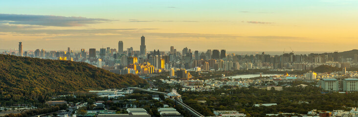 Aerial  view of Kaohsiung city at sunset, Taiwan.