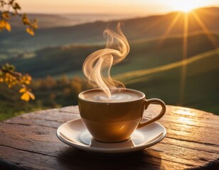 A cup of fragrant invigorating coffee on a wooden table in the morning at dawn