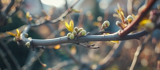 A detailed view of a tree branch with small buds emerging, showcasing the natural process of growth and renewal in a spring garden setting. Pruning clippers can be seen trimming the branch, aiding in