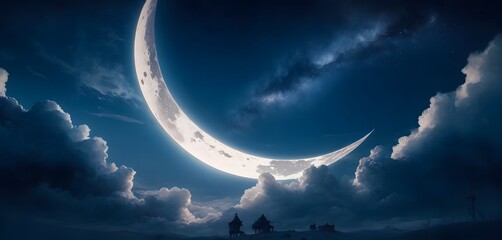 Obraz na płótnie Canvas A crescent moon hangs in the night sky, surrounded by scattered Cumulus clouds, creating a beautiful astronomical event in the atmosphere