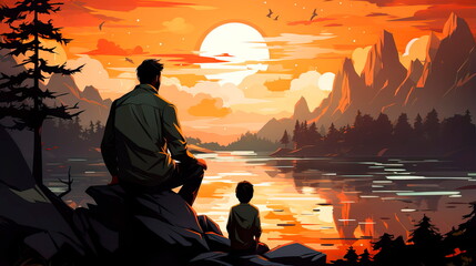 Father and son are fishing together on a river or lake. Happy family for Father's Day. Generative AI