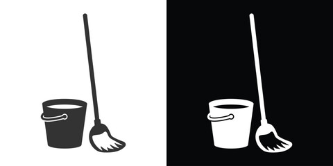 bucket and mop on black an white - obrazy, fototapety, plakaty