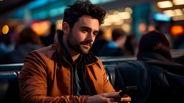 businessman in an airport lounge engaged in a video conference call while waiting for a flight. Generative AI