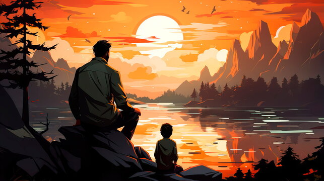 Father and son are fishing together on a river or lake. Happy family for Father's Day. Generative AI