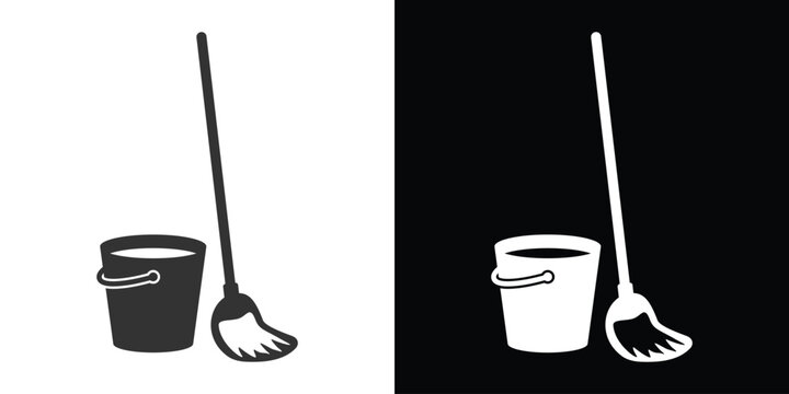 bucket and mop on black an white