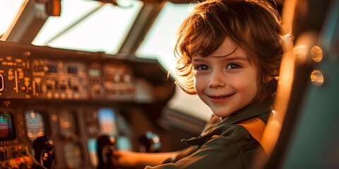 Child with a bright smile behind a pilot, perhaps sitting in a cockpit or holding a model airplane. Generative AI