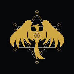 Abstract, Simple, Modern, Elegant, Esoteric, Geometric, Gold Colored Phoenix Symbol Logo Design Vector