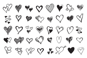 collection doodle set of hand drawn scribble hearts isolated on white background. Valentine card