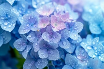 Blue Hydrangea Hydrangea macrophylla or Hortensia flower with dew in slight color variations ranging from blue to purple. Shallow depth of field for soft dreamy feel. generative ai. - obrazy, fototapety, plakaty