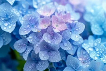 Deurstickers Blue Hydrangea Hydrangea macrophylla or Hortensia flower with dew in slight color variations ranging from blue to purple. Shallow depth of field for soft dreamy feel. generative ai. © SEUNGJIN