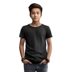 Portrait of a young Asian man in black t shirt isolated on white background
