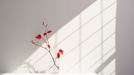 Minimalist composition of a red-leaved branch in a glass vase against a shadow-patterned wall, highlighting simplicity and natural beauty, ideal for decor, art, and tranquility themes.
