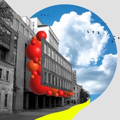 Urban scene with monochrome buildings, red spherical accents, blue sky with clouds, and bird...