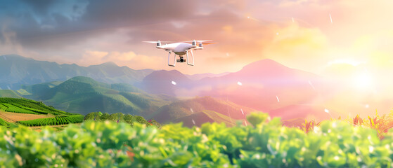 Fototapeta na wymiar drone flying on farmland at sunrise background