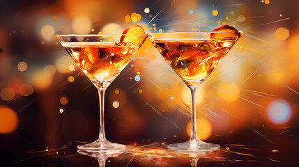 Glowing cocktail glasses with a twist of orange and magical sparkles, ideal for festive celebrations or culinary themes.