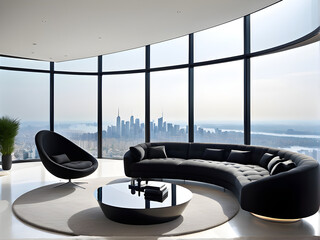Tufted Black Beauty: Curved Sofa Lounge, Window-Filled Living