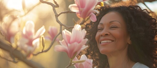 A woman stands in front of a blooming magnolia tree, smiling happily. The pink flowers create a...