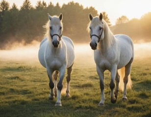 Two beautiful white horses in the foggy morning