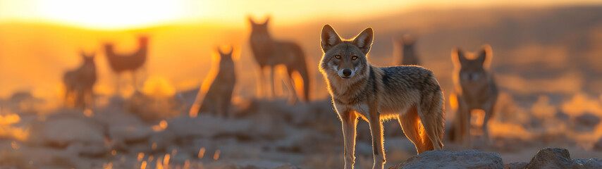 Jackal family standing in front of the camera in the rocky plains with setting sun. Group of wild animals in nature. Horizontal, banner.