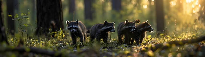Obraz premium Racoon dog family in the forest with setting sun shining. Group of wild animals in nature. Horizontal, banner.