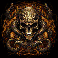 Fototapeta na wymiar A devil's skull with a snake. Mystical illustration