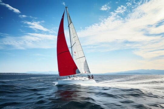 Scarlet Sails Majestically Glide Across the Deep Blue Waters on an Epic and Wondrous Journey