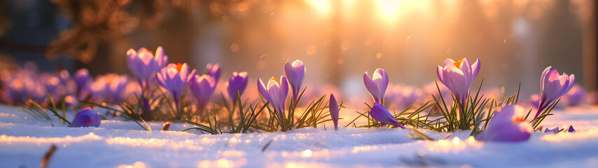 Colorful crocus flowers and grass growing from the melting snow and sunshine in the background....