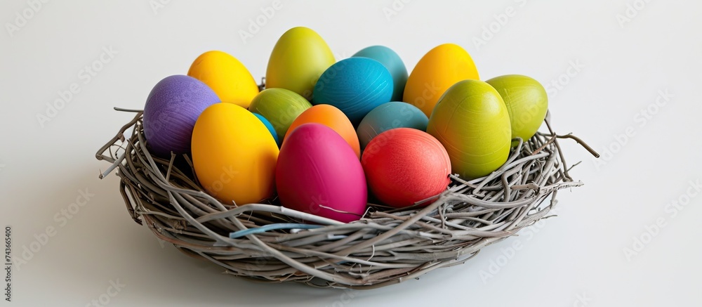 Aufkleber a basket filled with colorful easter eggs is placed on top of a table in a studio setting.
